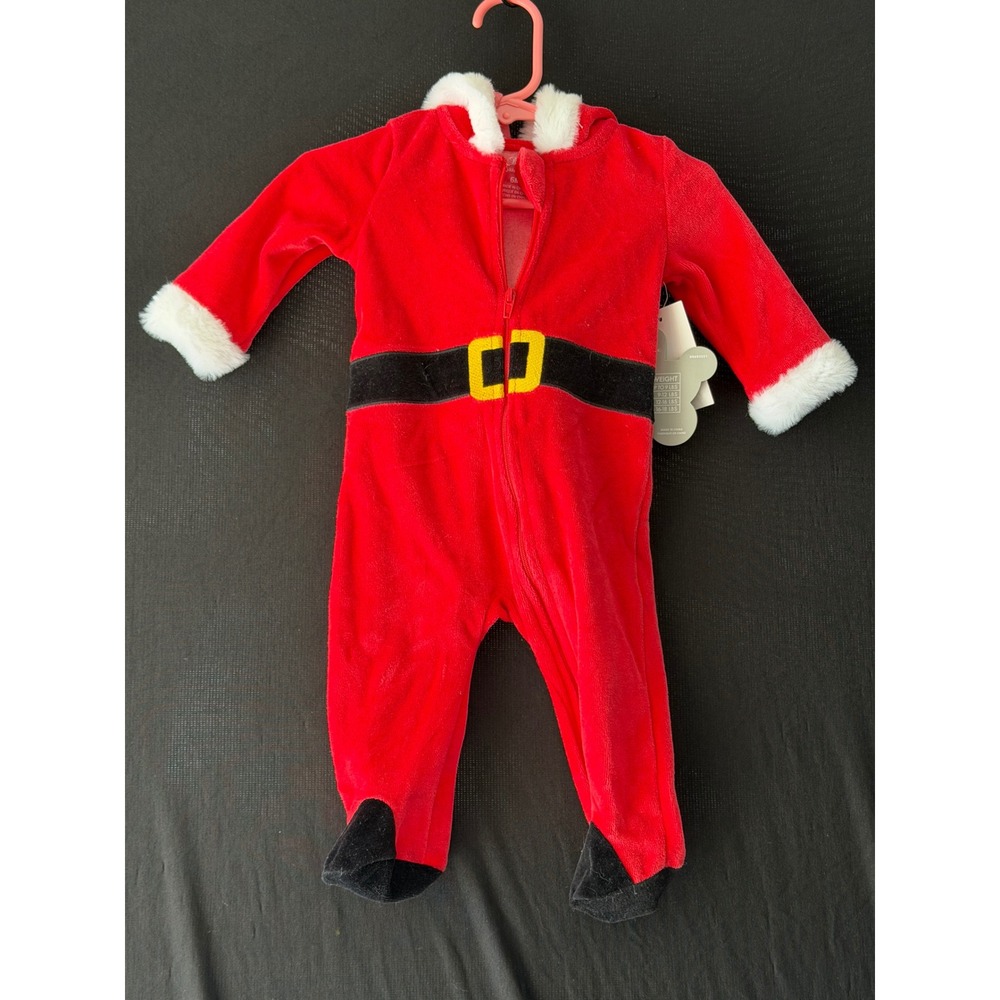 Baby Essentials Santa Claus Hooded Footed Coverall Red Velour Christmas 6M NWT